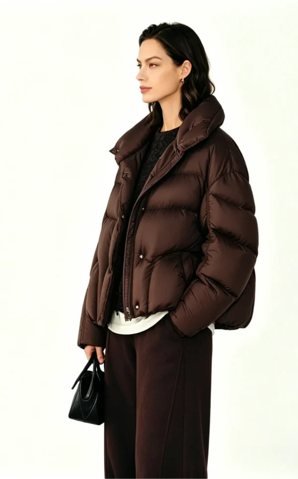 Custom Women's Down Filled Quilted Cropped Brown Puffer Jacket - view 2 Custom Women's Down Filled Quilted Cropped Brown Puffer Jacket - view 2