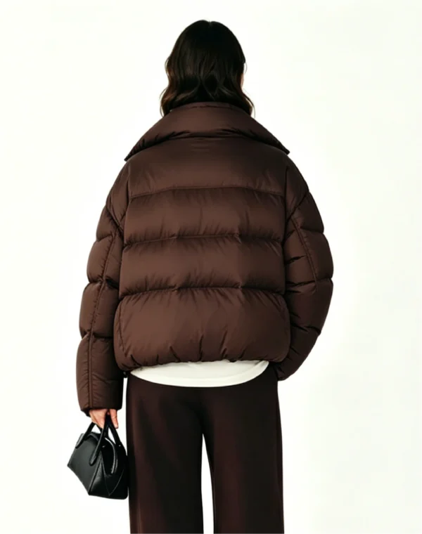 Custom Women's Down Filled Quilted Cropped Brown Puffer Jacket - view 3 Custom Women's Down Filled Quilted Cropped Brown Puffer Jacket - view 3