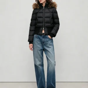 Custom Women's Cropped Washed Black Puffer Jacket
