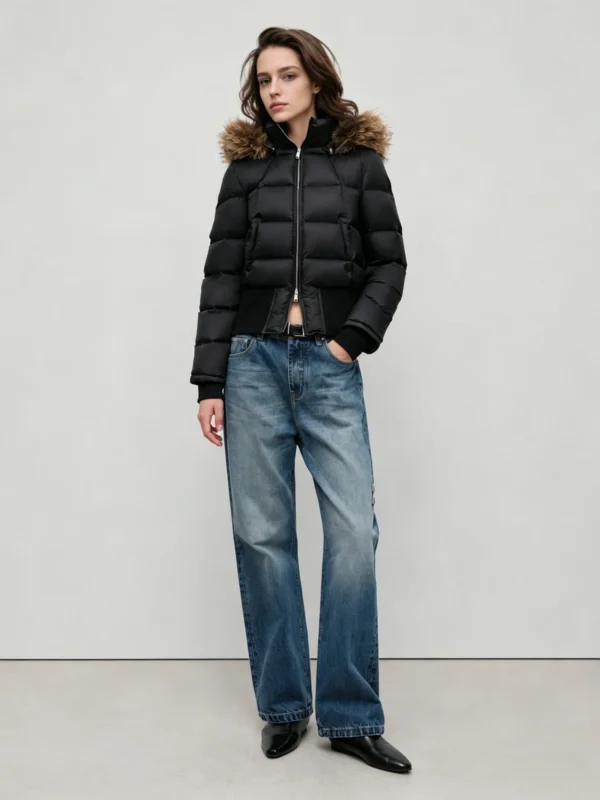 Custom Women's Cropped Washed Black Puffer Jacket
