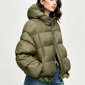 Custom Women's Cropped Olive Puffer Jacket