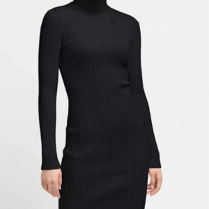 Custom Women's Merino Wool Ribbed Turtleneck Black Sweater Dress