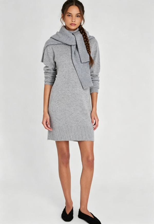 Custom Women's Merino Wool Ribbed Turtleneck Oversized Grey Sweater Dress