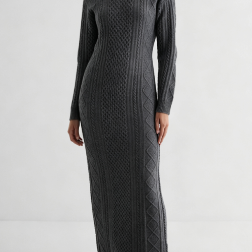 Custom Women's Lambswool Cable-Knit Crewneck Charcoal Sweater Dress Custom Women's Lambswool Cable-Knit Crewneck Charcoal Sweater Dress