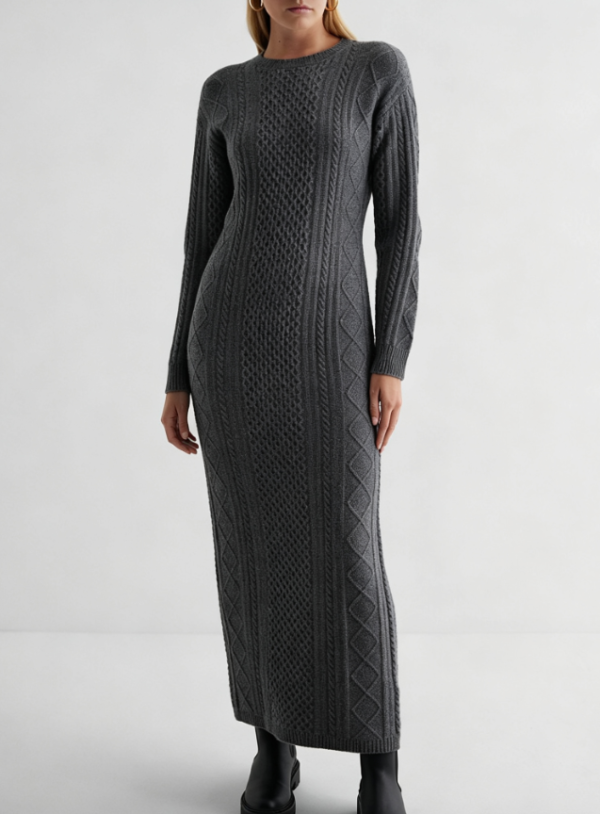 Custom Women's Lambswool Cable-Knit Crewneck Charcoal Sweater Dress Custom Women's Lambswool Cable-Knit Crewneck Charcoal Sweater Dress