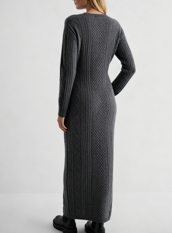 Custom Women's Lambswool Cable-Knit Crewneck Charcoal Sweater Dress - view 2 Custom Women's Lambswool Cable-Knit Crewneck Charcoal Sweater Dress - view 2