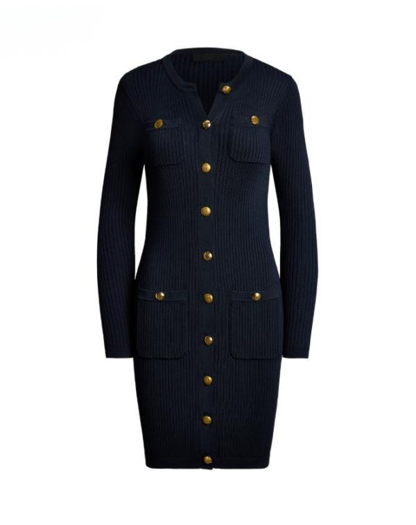 Custom Women's Merino Wool Ribbed Crewneck Navy Sweater Dress - view 3