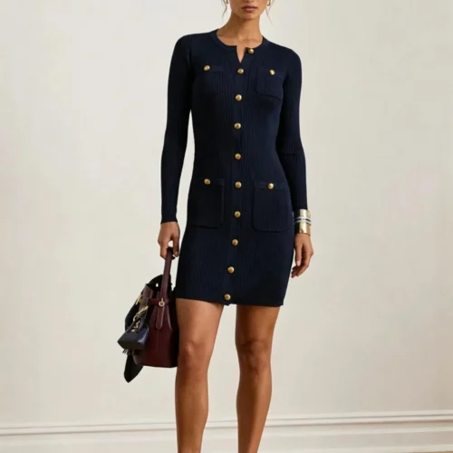 Custom Women's Merino Wool Ribbed Crewneck Navy Sweater Dress Custom Women's Merino Wool Ribbed Crewneck Navy Sweater Dress