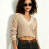 Custom Women's Merino Wool Cable-Knit V-Neck Cropped Sand Sweater