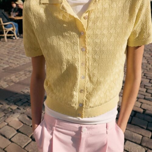 Custom Women's Merino Wool Short-Sleeve Polo-Collar Yellow Sweater