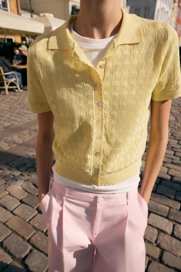 Custom Women's Merino Wool Short-Sleeve Polo-Collar Yellow Sweater