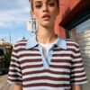 Custom Women's Wool Jacquard Knit Short-Sleeve Polo-Collar Brown Sweater