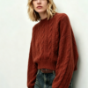 Custom Women's Lambswool Cable-Knit Crew-Neck Cropped Oversized Rust Sweater