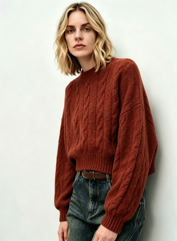 Custom Women's Lambswool Cable-Knit Crew-Neck Cropped Oversized Rust Sweater