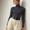 Custom Women's Lambswool Ribbed Turtleneck Skinny Navy Sweater