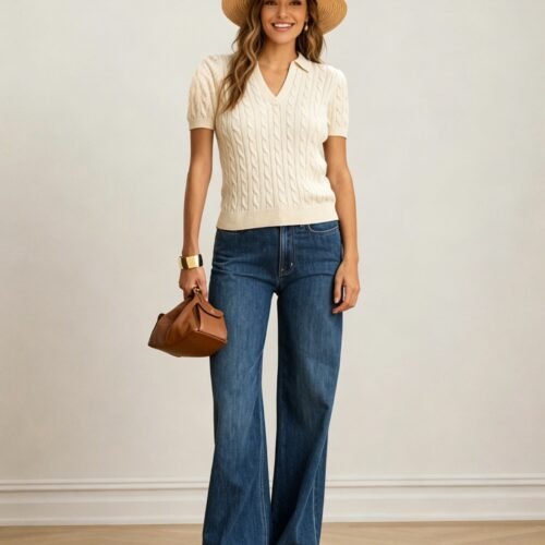 Custom Women's Merino Wool Cable-Knit Short-Sleeve Polo-Collar Beige Sweater
