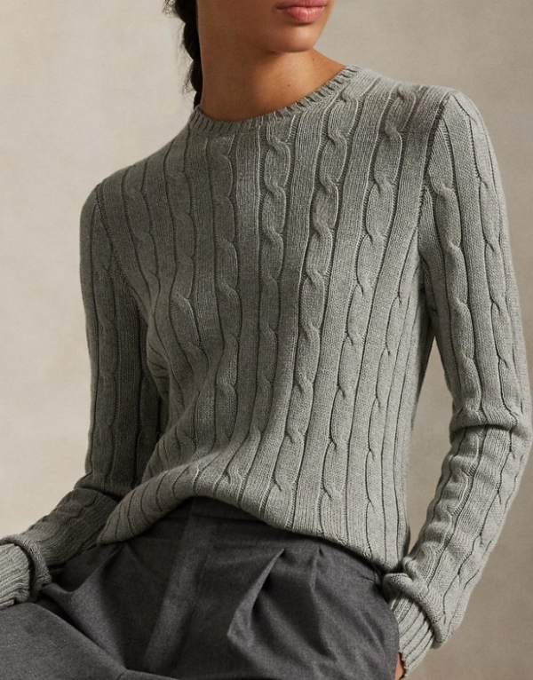 Custom Women's Lambswool Cable-Knit Crew-Neck Grey Sweater