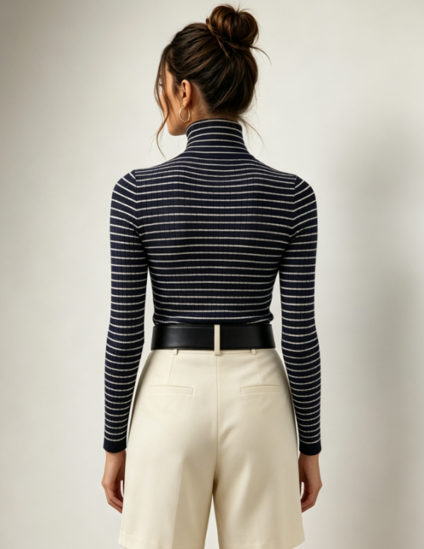 Custom Women's Lambswool Ribbed Turtleneck Skinny Navy Sweater - view 2