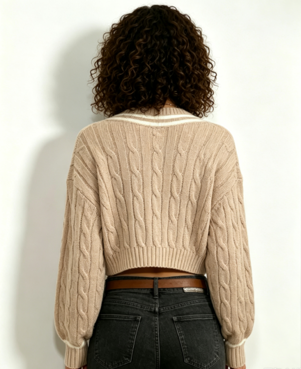 Custom Women's Merino Wool Cable-Knit V-Neck Cropped Sand Sweater - view 2