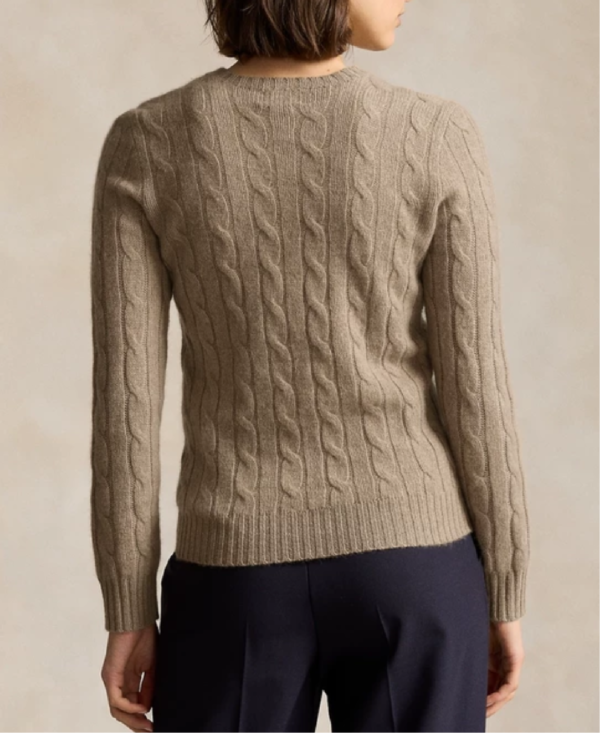 Custom Women's Merino Wool Cable-Knit Crew-Neck Khaki Sweater - view 2