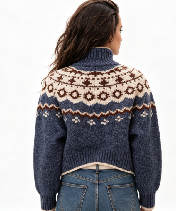 Custom Women's Merino Wool Jacquard Turtleneck Cropped Navy Sweater - view 2