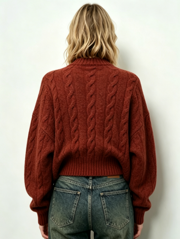 Custom Women's Lambswool Cable-Knit Crew-Neck Cropped Oversized Rust Sweater - view 2