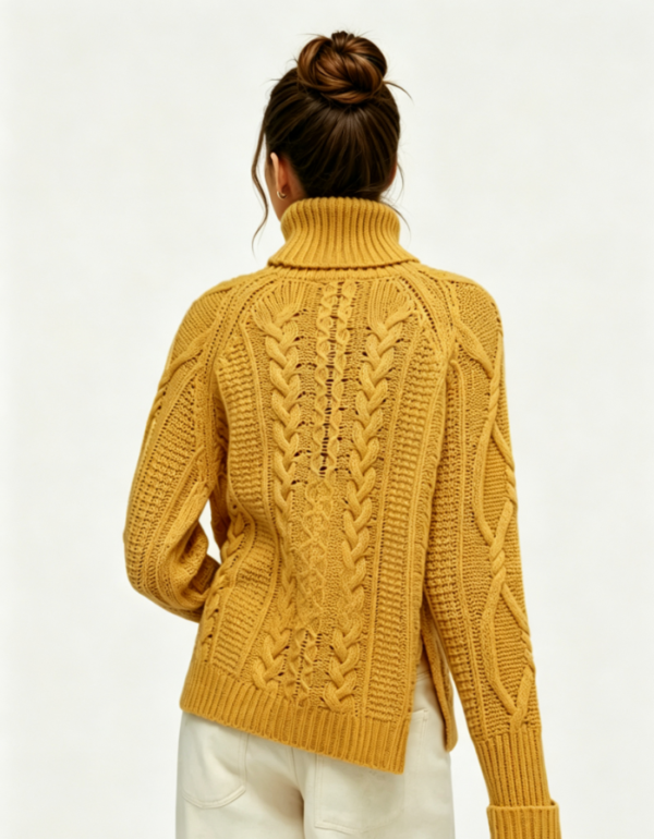Custom Women's Lambswool Cable-Knit Turtleneck Oversized Mustard Sweater - view 2