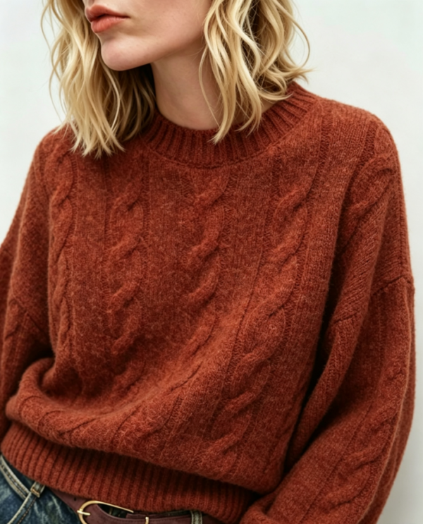 Custom Women's Lambswool Cable-Knit Crew-Neck Cropped Oversized Rust Sweater - view 3