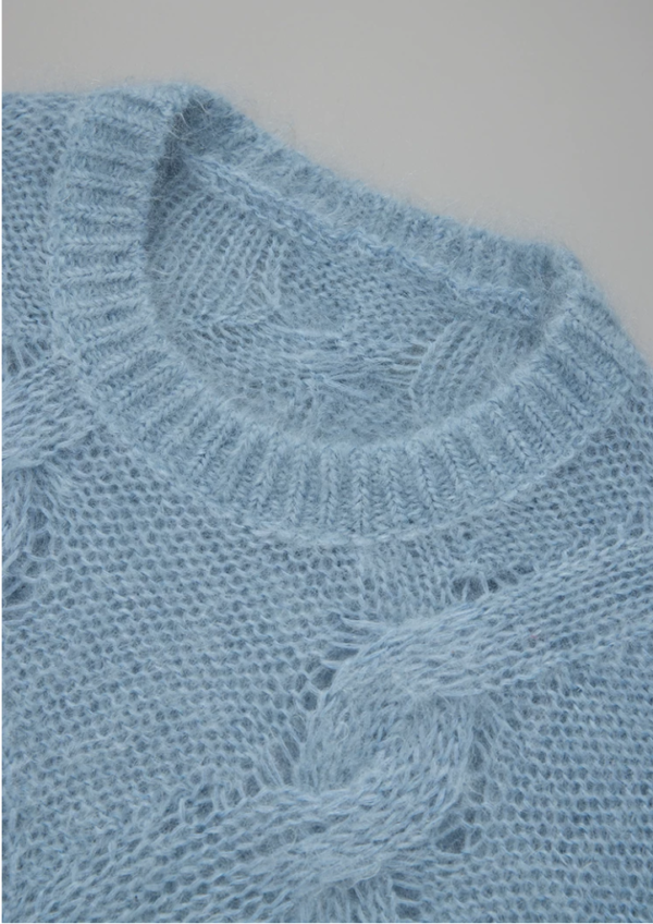 Custom Women's Mohair Blend Cable-Knit Crew-Neck Oversized Washed Blue Sweater - view 3