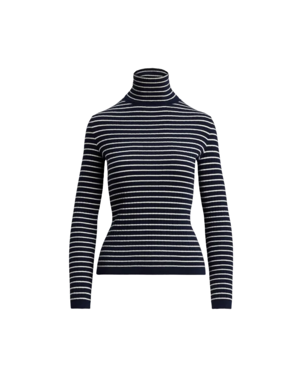 Custom Women's Lambswool Ribbed Turtleneck Skinny Navy Sweater - view 3