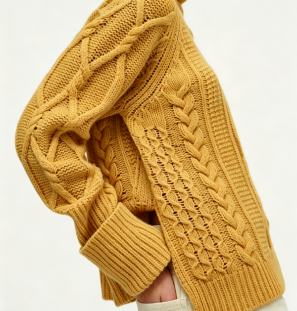 Custom Women's Lambswool Cable-Knit Turtleneck Oversized Mustard Sweater - view 3