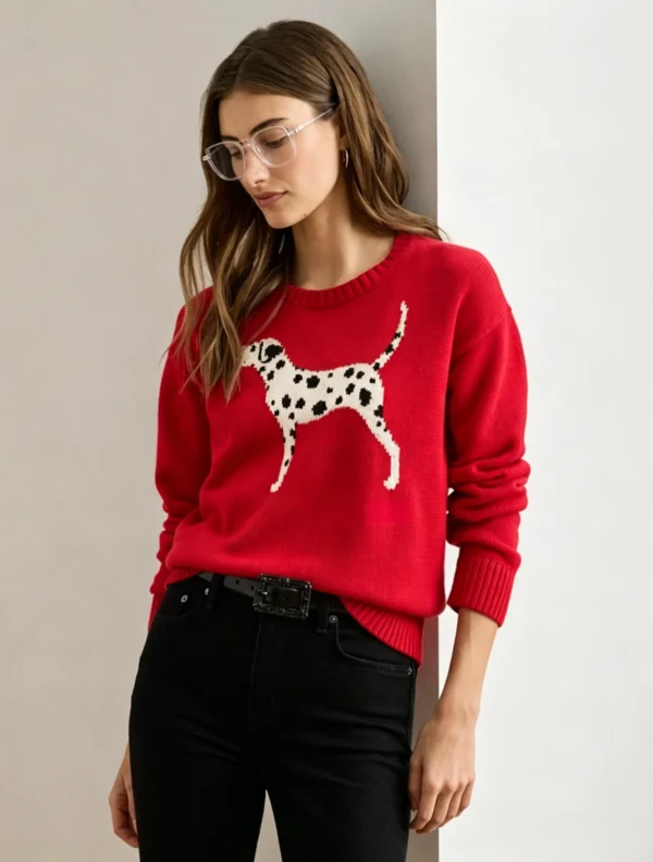 Custom Women's Lambswool Jacquard Crew-Neck Oversized Red Sweater