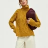 Custom Women's Lambswool Cable-Knit Turtleneck Oversized Mustard Sweater