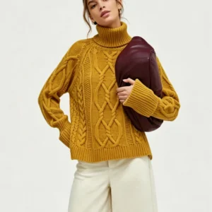Custom Women's Lambswool Cable-Knit Turtleneck Oversized Mustard Sweater