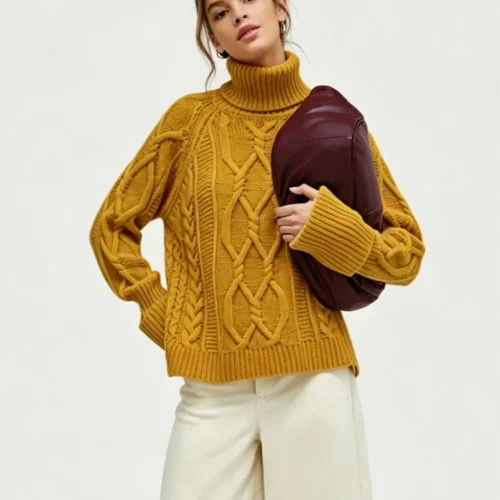 Custom Women's Lambswool Cable-Knit Turtleneck Oversized Mustard Sweater