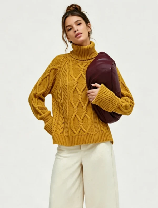 Custom Women's Lambswool Cable-Knit Turtleneck Oversized Mustard Sweater