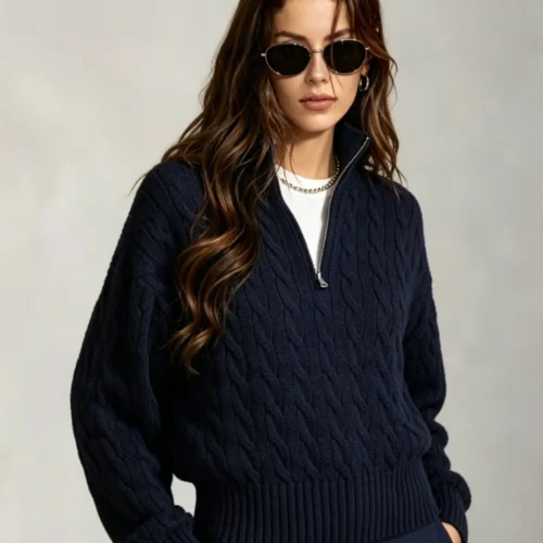 Custom Women's Lambswool Cable-Knit Stand-Collar Red Sweater Custom Women's Lambswool Cable-Knit Stand-Collar Red Sweater