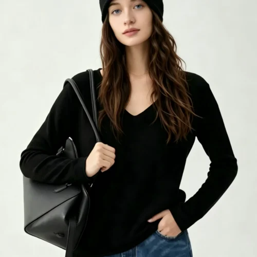 Custom Women's Merino Wool Ribbed V-Neck Black Sweater