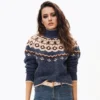 Custom Women's Merino Wool Jacquard Turtleneck Cropped Navy Sweater