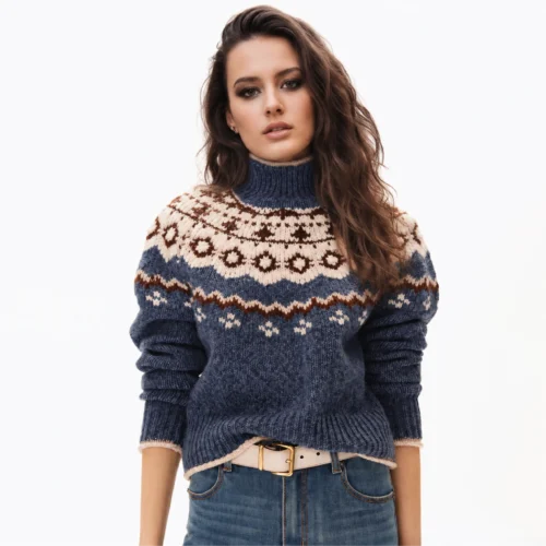 Custom Women's Merino Wool Jacquard Turtleneck Cropped Navy Sweater
