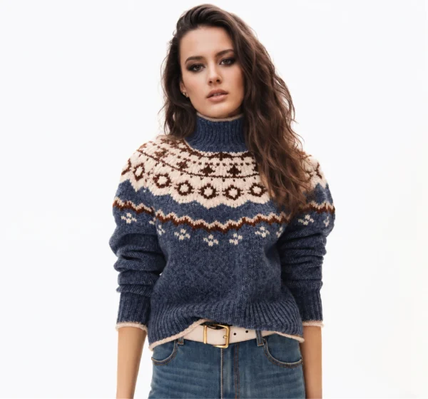 Custom Women's Merino Wool Jacquard Turtleneck Cropped Navy Sweater