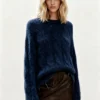 Custom Women's Wool Blend Ribbed Crew-Neck Oversized Navy Sweater