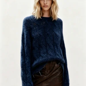 Custom Women's Wool Blend Ribbed Crew-Neck Oversized Navy Sweater