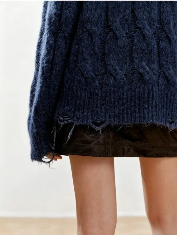 Custom Women's Wool Blend Ribbed Crew-Neck Oversized Navy Sweater - view 3