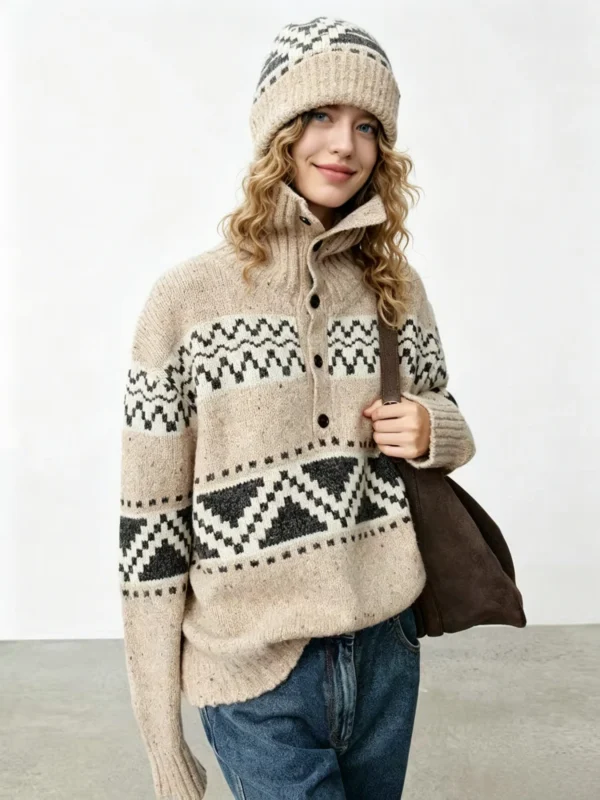 Custom Women's Merino Wool Jacquard Turtleneck Oversized Sand Sweater