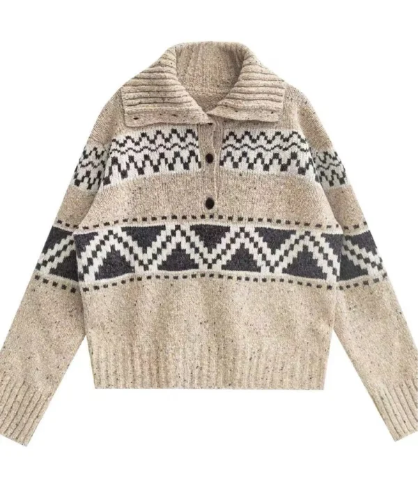 Custom Women's Merino Wool Jacquard Turtleneck Oversized Sand Sweater - view 2