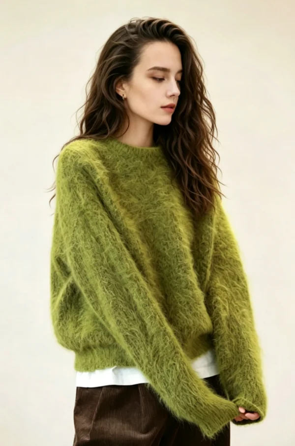 Custom Women's Mohair Blend Ribbed Crew-Neck Cropped Oversized Olive Sweater
