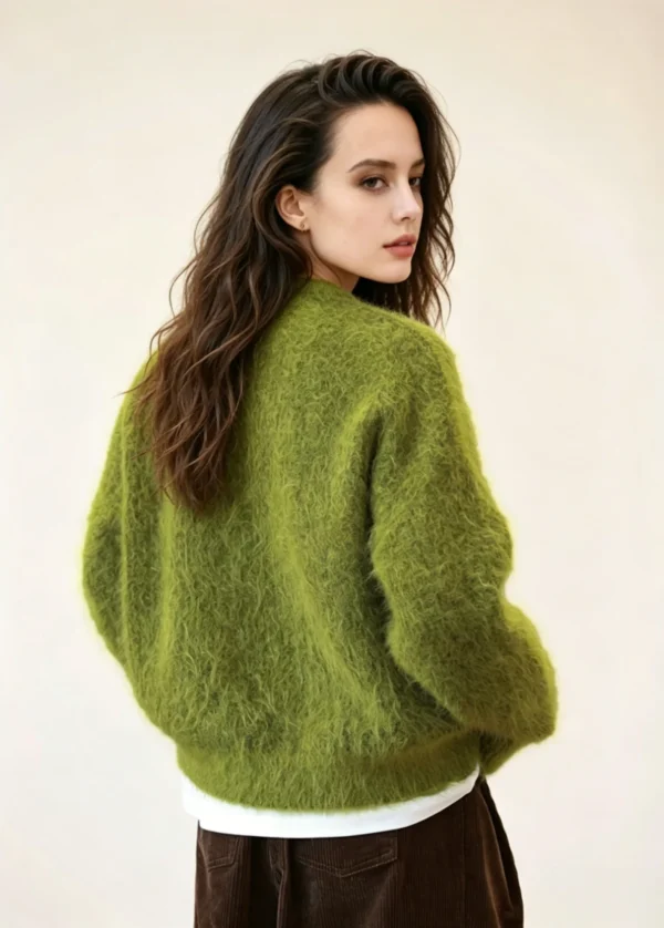 Custom Women's Mohair Blend Ribbed Crew-Neck Cropped Oversized Olive Sweater - view 2