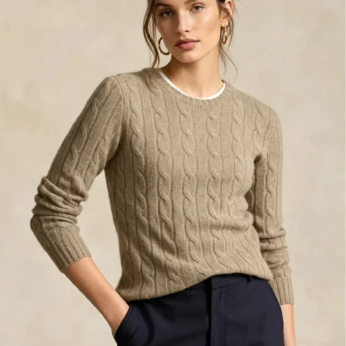 Custom Women's Merino Wool Cable-Knit Crew-Neck Khaki Sweater