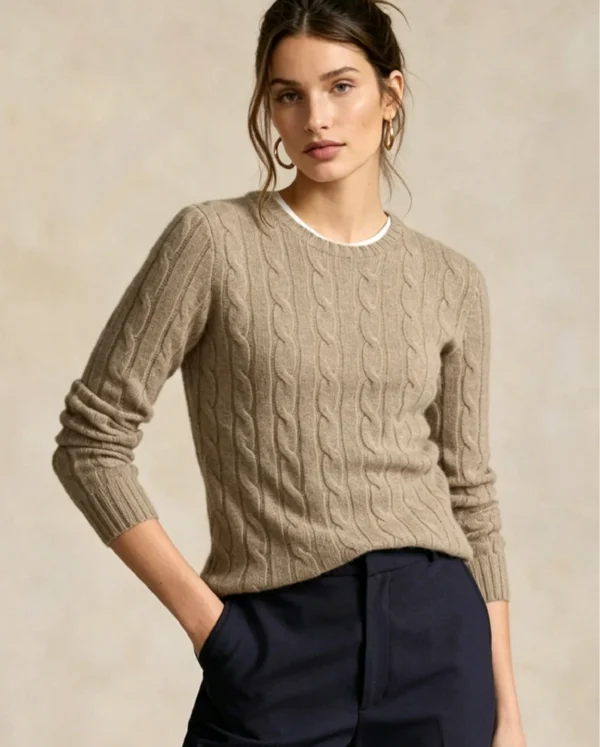 Custom Women's Merino Wool Cable-Knit Crew-Neck Khaki Sweater